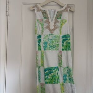 Lilly Pulitzer White Green Pink Patchwork V-Neck Midi Dress